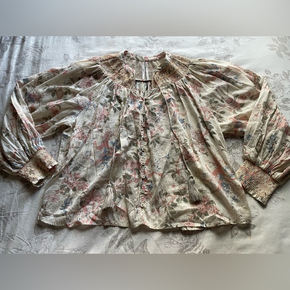 Anthropologie Cream Floral Smocked Long Sleeve Lurex Blouse Medium Peasant Boho - Picture 4 of 10